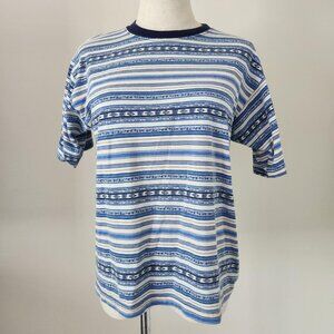 BASIC EDITIONS 90's Blue & Off-White Striped Ethnic/South Western Tee. BOYS XL.